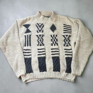 Vintage Grandpa Core Sweater Chunky Knit Geometric Aderro Mens M